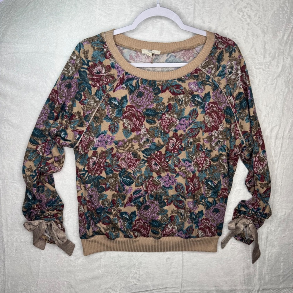 Entro Floral Print Crewneck Sweater Women Size‎ S Bow Sleeve - Picture 2 of 7